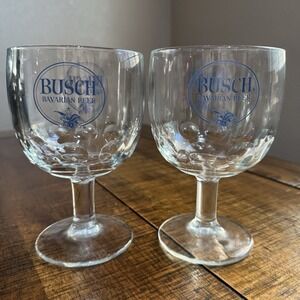 Set Of 2 Vtg Busch Beer 2-Sided Logo Thumbprint Goblet Clear Glass Chalice Cup